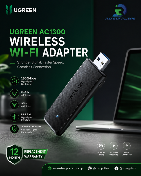 ugreen-50340-usb-3-blue-interface-angle Isometric close-up shot of the matte black textured UGREEN CM492 wireless adapter highlighting the blue USB 3.0 connector