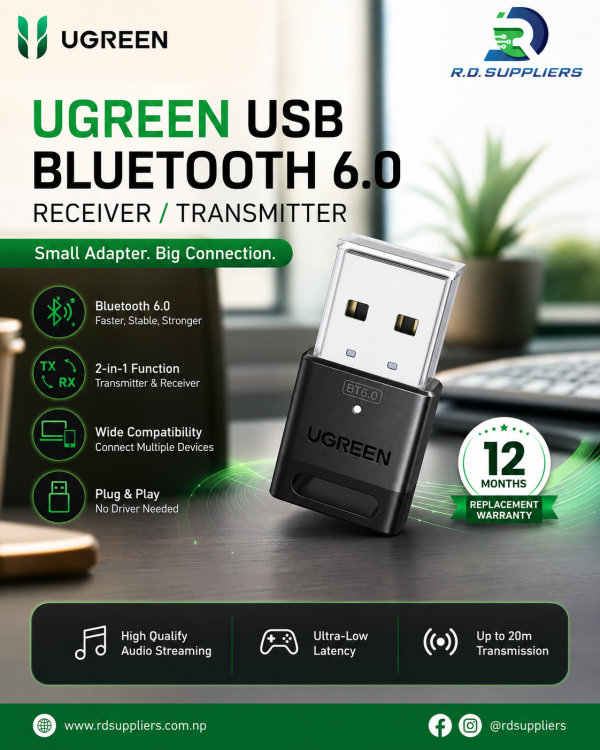 ugreen-75073-bluetooth-6-0-nano-dongle-black High-resolution studio shot of the UGREEN CM748 Bluetooth 6.0 mini USB adapter featuring a lanyard loop hole and premium branding layout.
