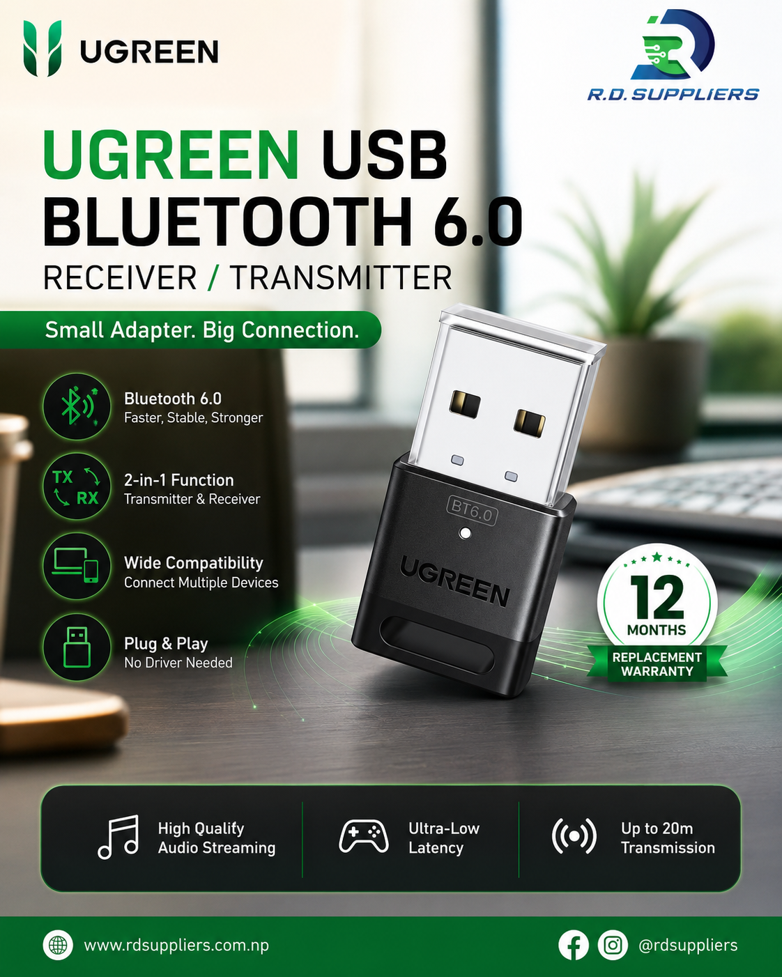 High-resolution studio shot of the UGREEN CM748 Bluetooth 6.0 mini USB adapter featuring a lanyard loop hole and premium branding layout.