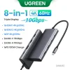 ugreen-8-in-1-type-c-hub-sleek-design Profile angle of the UGREEN Revodok Pro 8-in-1 USB C hub showing its durable braided cable and gray metallic finish.