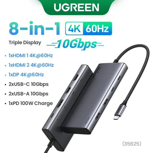 Profile angle of the UGREEN Revodok Pro 8-in-1 USB C hub showing its durable braided cable and gray metallic finish.