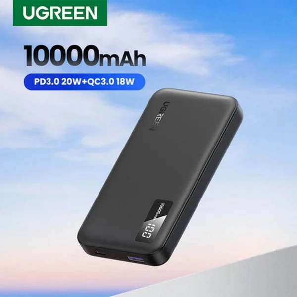 Floating view of the dark gray Ugreen 10000mAh Power Bank displaying 100 percent on its smart digital LED screen.