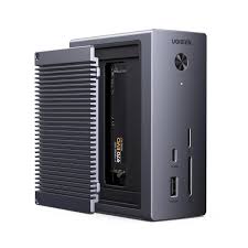 ugreen-revodok-10-in-1-aluminum-dock-rd-supplier Front and back vertical view of the premium space-gray UGREEN 10-in-1 USB-C docking station highlighting its compact design.