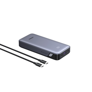 Exploded view of UGREEN 30W 20000mAh power bank showing fire-resistance material, GaN chips, and safety system icons.