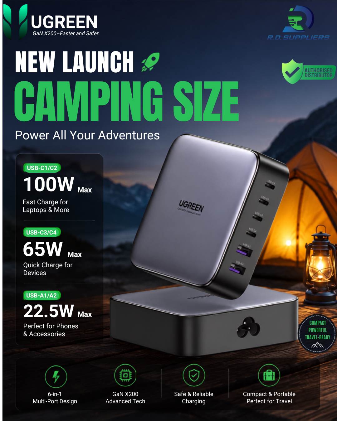 UGREEN Nexode GaN 200W Desktop Charger (6-Port: 4 USB-C & 2 USB-A) - Space Gray - Image 3